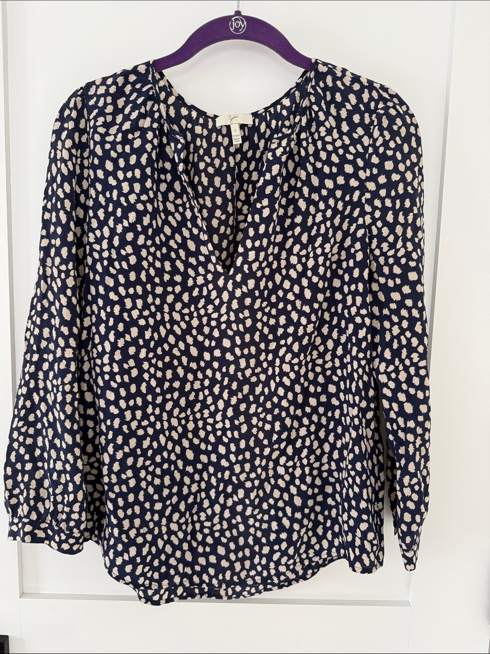 Joie Navy and Cream Silk Printed V-Neck Long Sleeve Blouse
